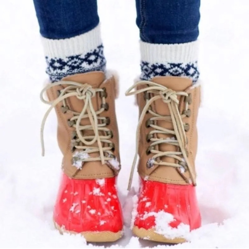 J crew Sperry Red and Tan Winter Boots